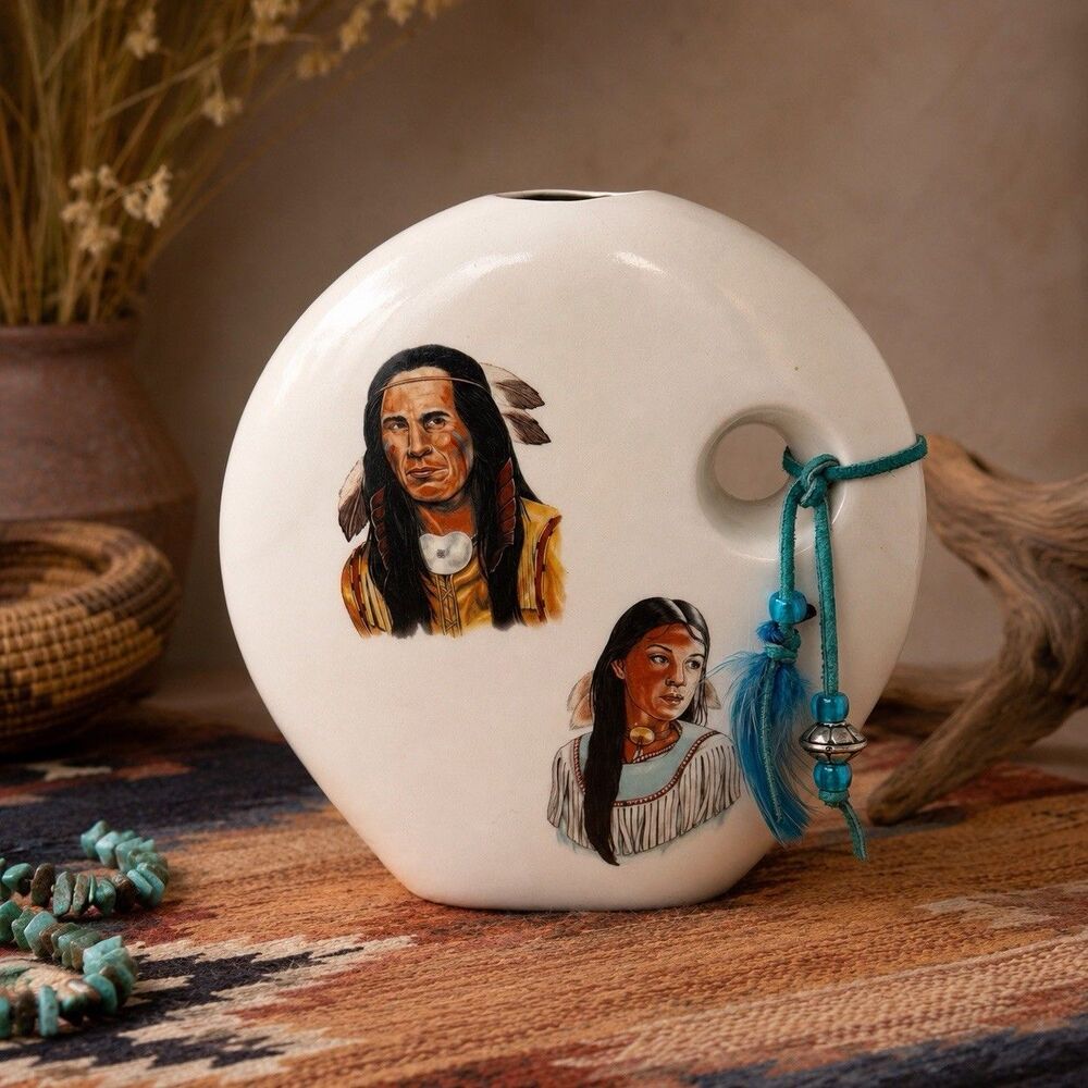 Vintage Native American Portrait Ceramic Vase Footprint Feather Southwestern 7”